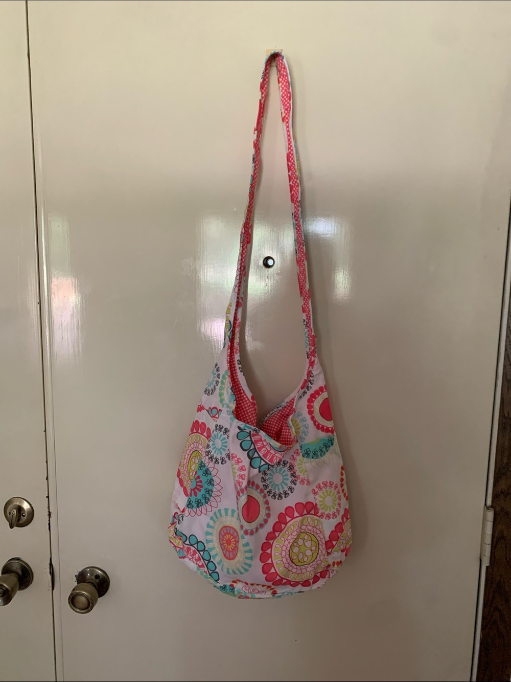 Thirty-One Boho Citrus Medallion Pink Gingham Reversible Crossbody Hobo Bag.